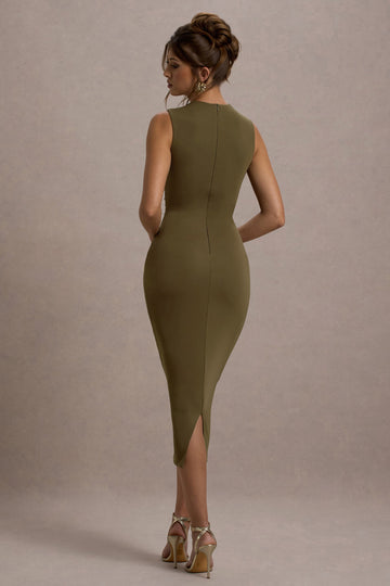 Jemma Khaki Bodycon Ruched Midi Dress